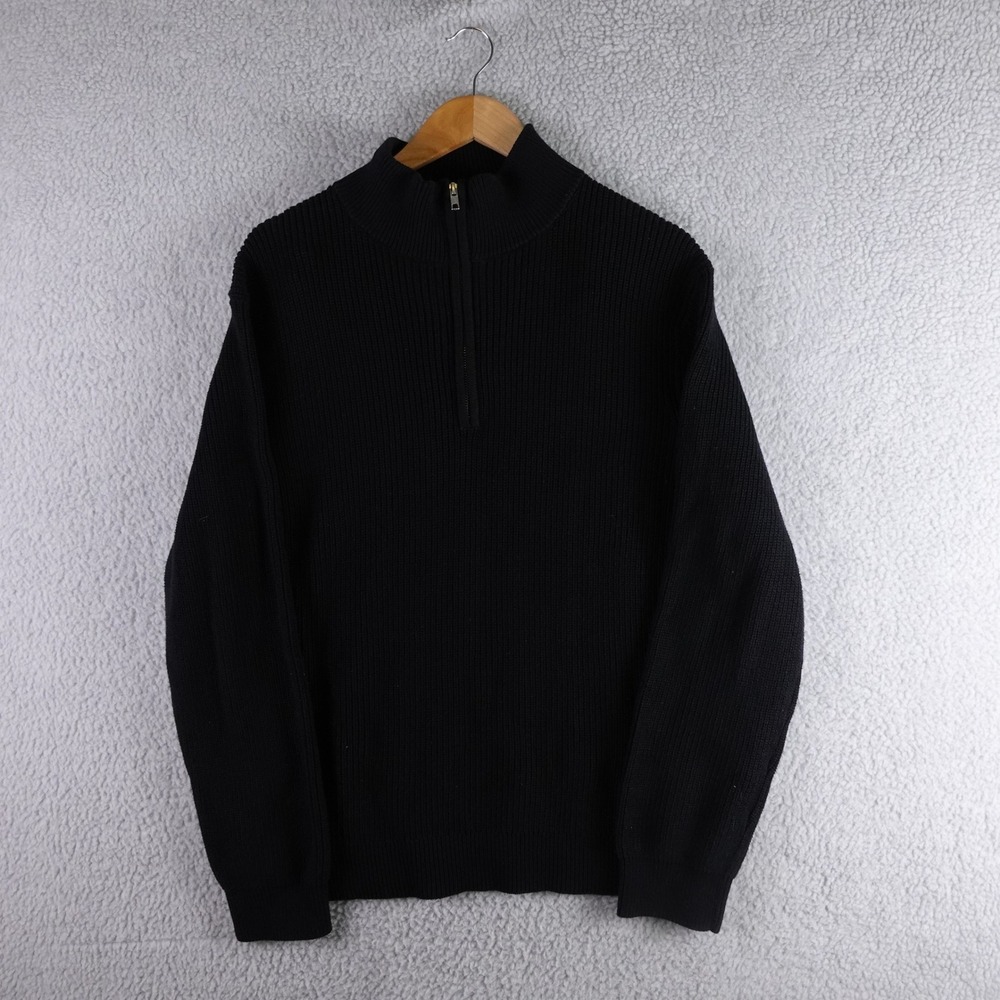 Quince Mens Organic Cotton Quarter Zip Ribbed Sweater Black Large Mock Neck